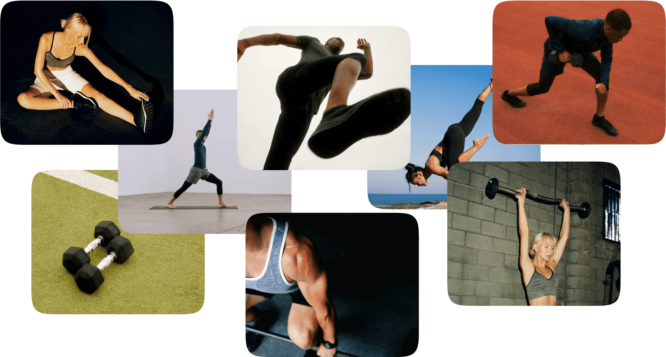 A collage of fitness and workout scenes, including individuals stretching, running, lifting weights, and practicing yoga. Images show a woman doing a seated stretch, a man lunging with dumbbells on a red track, a person sprinting, a yoga warrior pose, a woman doing yoga by the ocean, a pair of dumbbells on turf, a man performing a deadlift, and a woman lifting a barbell overhead inside a gym.