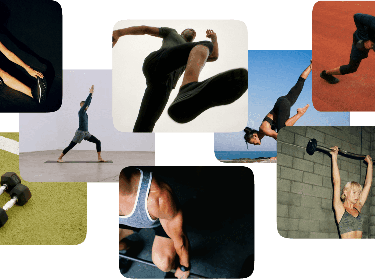 A collage of fitness and workout scenes, including individuals stretching, running, lifting weights, and practicing yoga. Images show a woman doing a seated stretch, a man lunging with dumbbells on a red track, a person sprinting, a yoga warrior pose, a woman doing yoga by the ocean, a pair of dumbbells on turf, a man performing a deadlift, and a woman lifting a barbell overhead inside a gym.